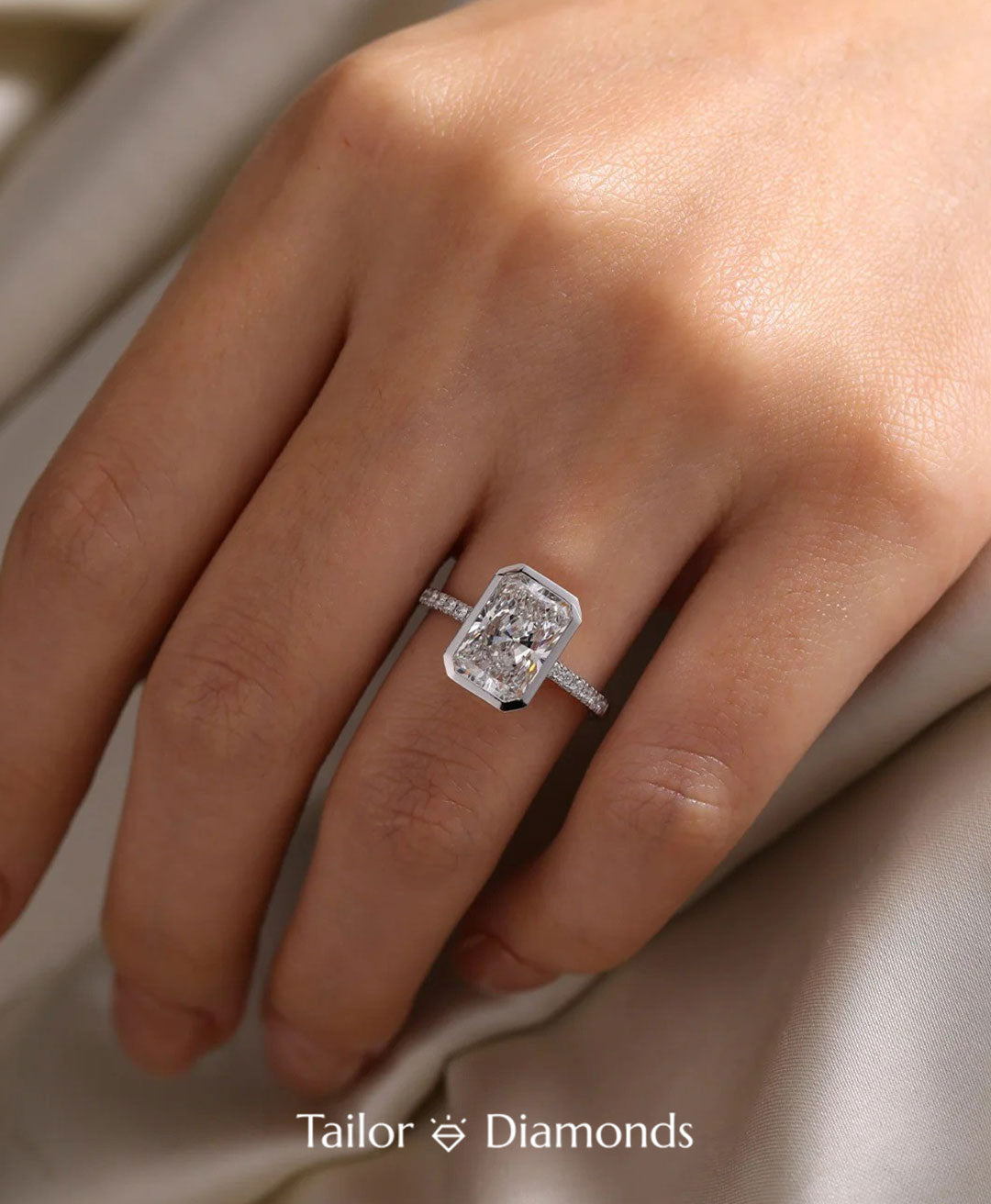18K White Gold Bezel Set Rectangular Diamond Ring