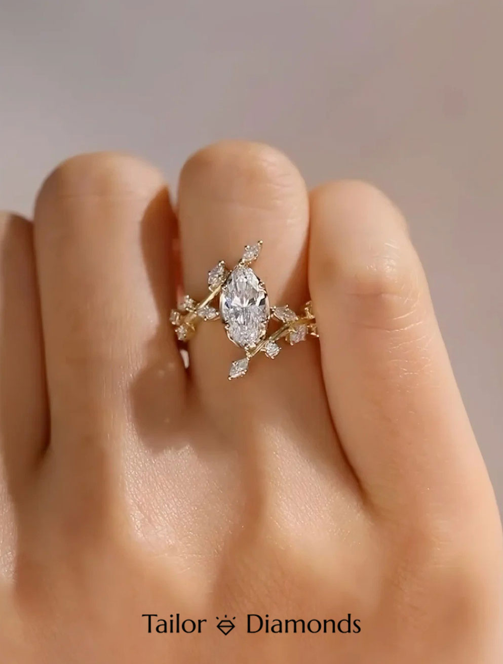 18K Yellow Gold Branch Marquise Diamond Ring