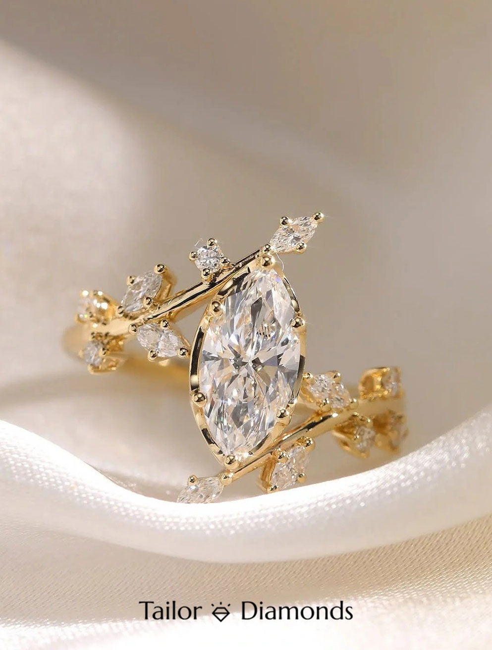 18K Yellow Gold Branch Marquise Diamond Ring
