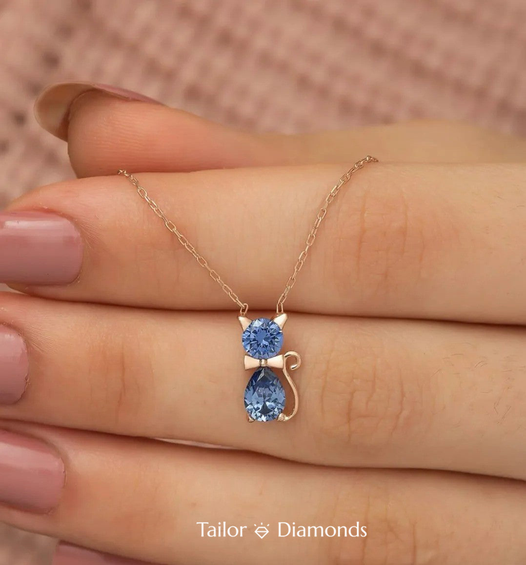 Cute Style Blue Diamond Cat Necklace