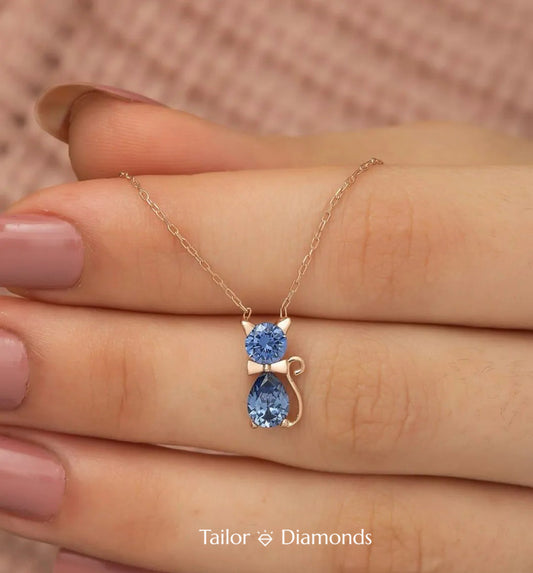 Cute Style Blue Diamond Cat Necklace