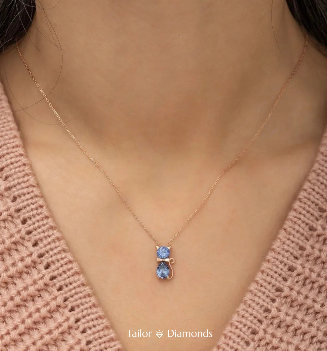 Cute Style Blue Diamond Cat Necklace