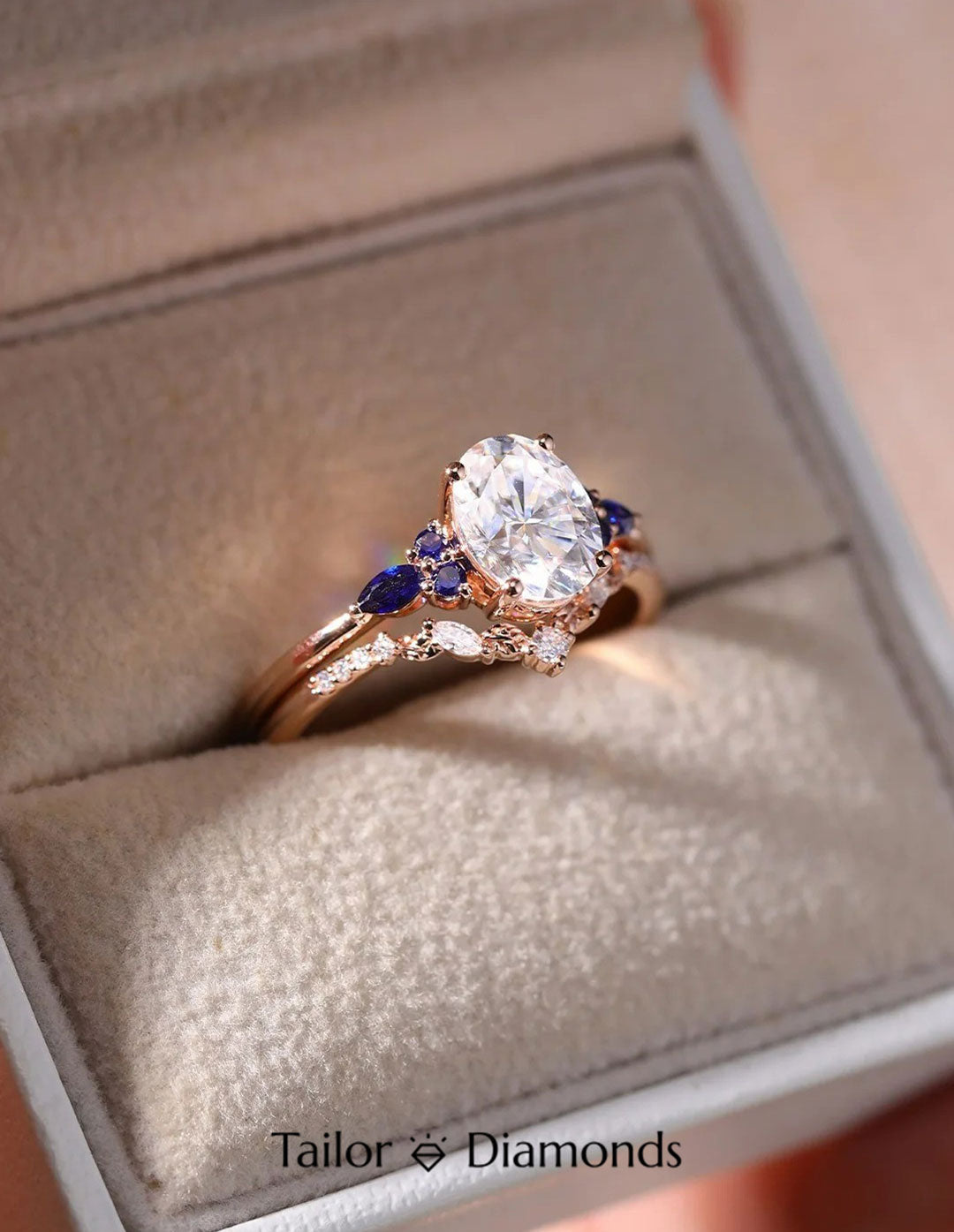 Diamond Claw Oval Diamond Royal Blue Sapphire Ring