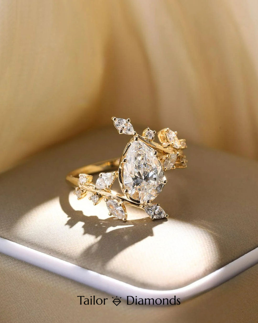 Gold Branch Teardrop White Diamond Ring