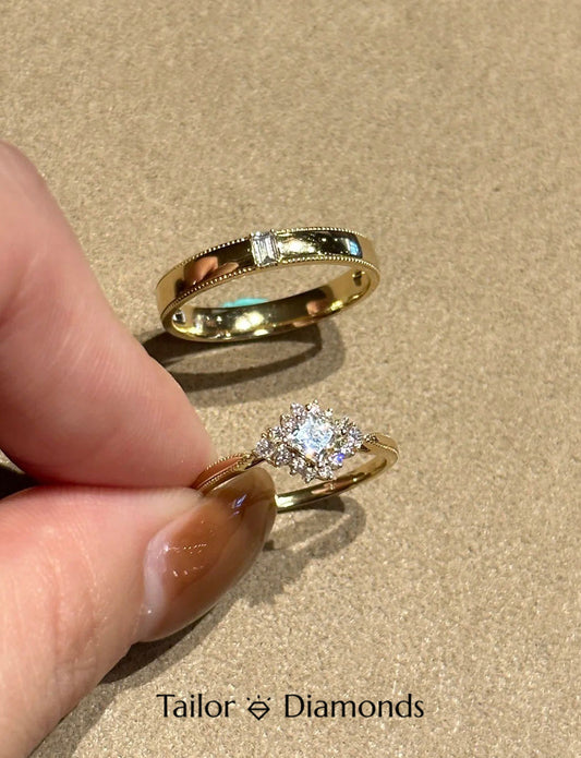 Gold Diamond Plain Band Couple Ring