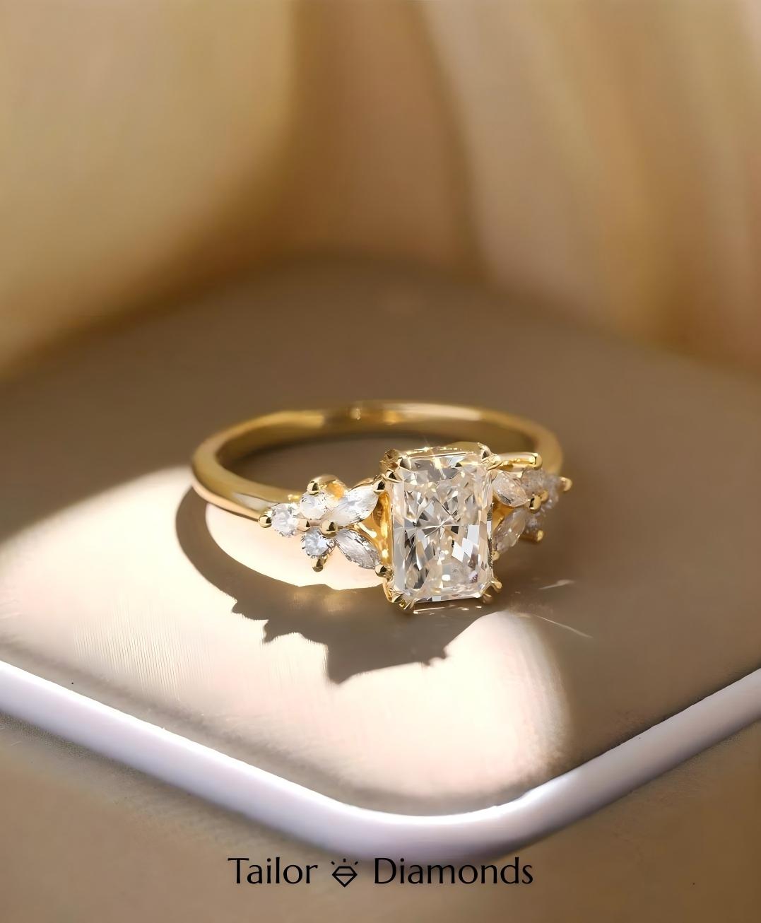 Gold Inlaid Rectangular White Diamond Ring