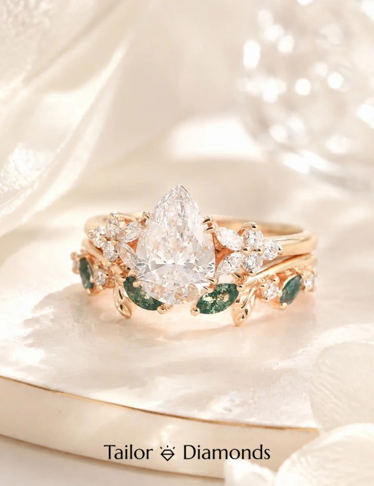 Pear Shaped Diamond Flower Leaf Stacking Ring