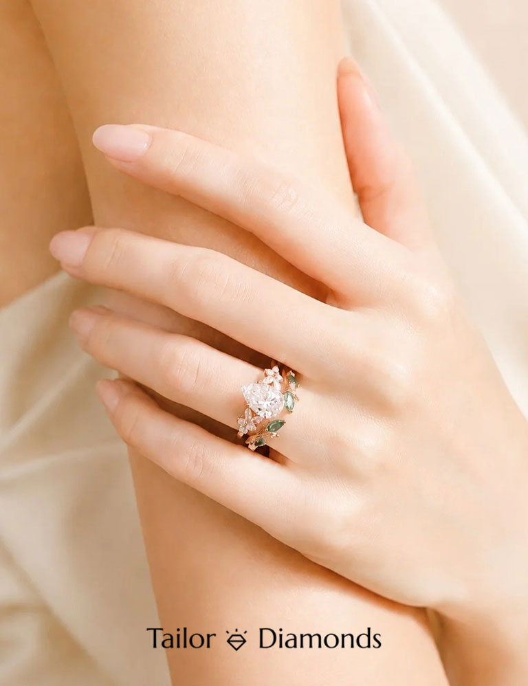 Pear Shaped Diamond Flower Leaf Stacking Ring