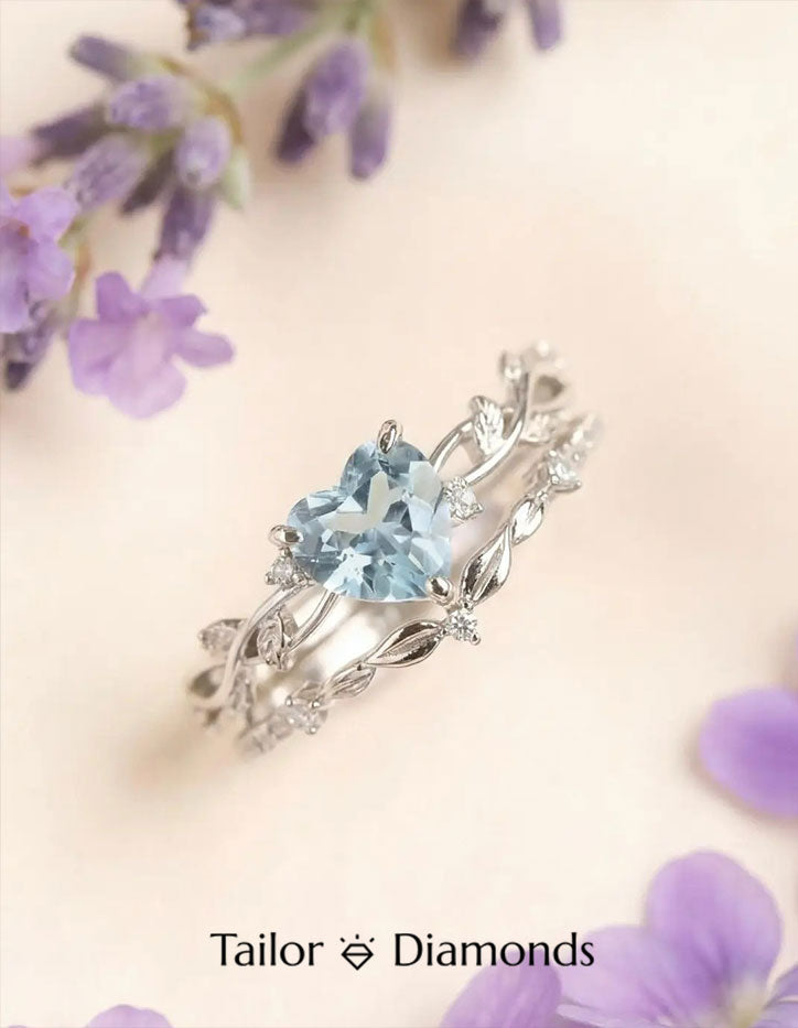 Silver Branch Heart Shaped Light Blue Sapphire Ring