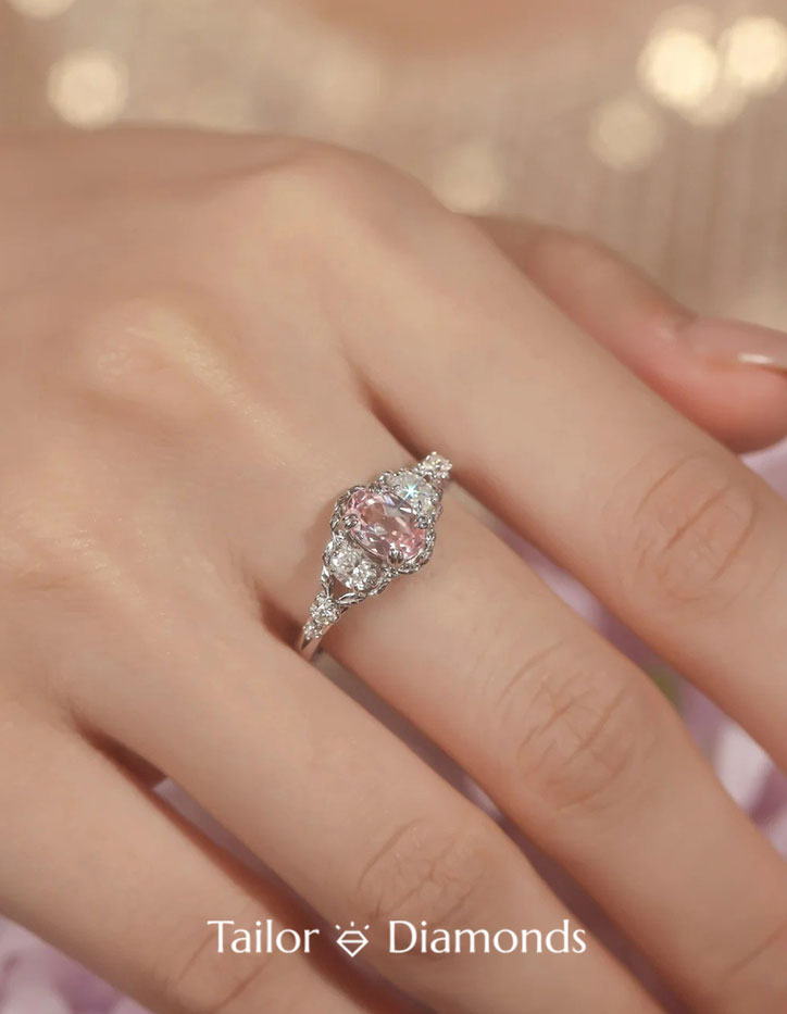 Silver Inlaid Oval Pink Diamond Ring