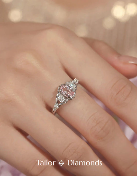 Silver Inlaid Oval Pink Diamond Ring