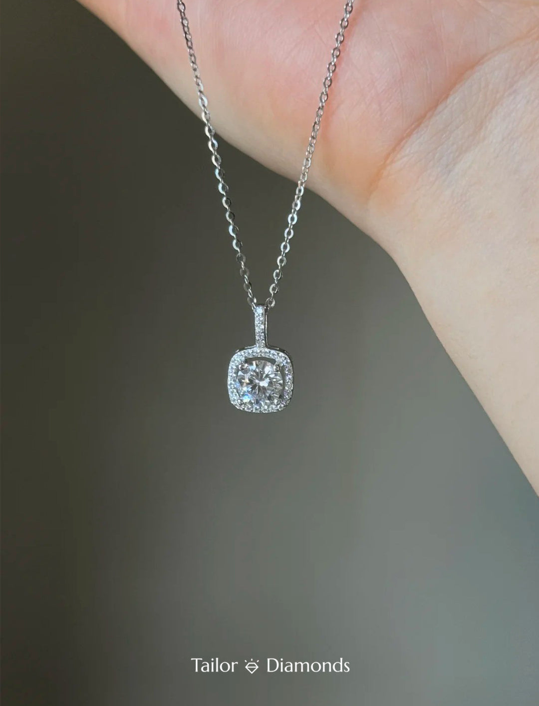 Silver Square Full Diamond Halo Cubic Zirconia Necklace