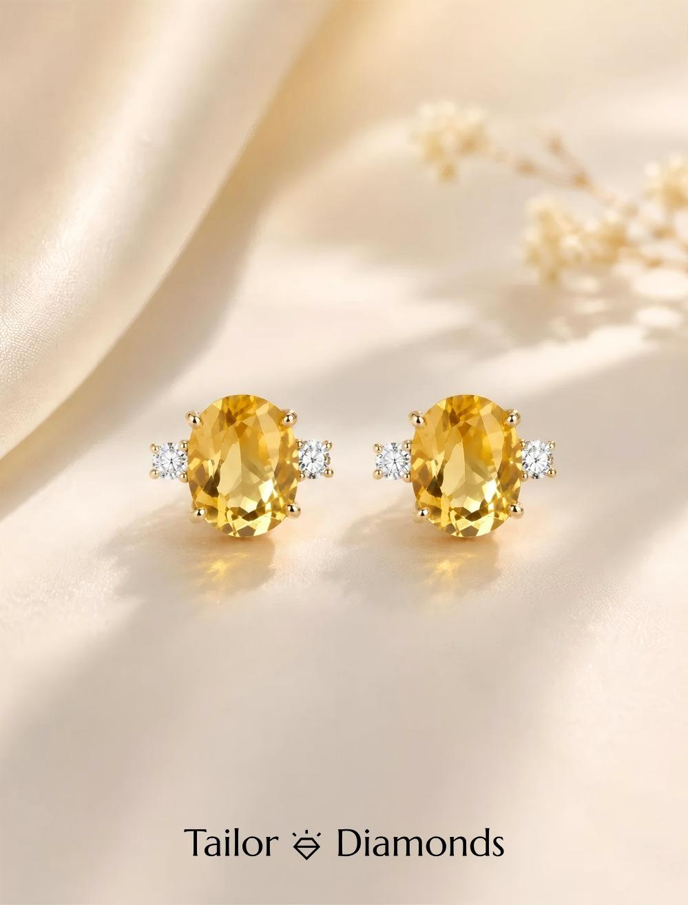 Yellow Diamond Oval Ear Studs